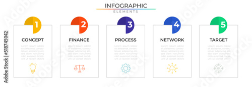 Simple infographic elements concept design vector with icons. Five steps network project template for presentation and report.