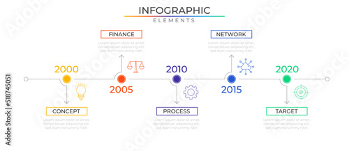 Timeline business infographic elements concept design vector with icons. Annual orkflow network project template for presentation and report.