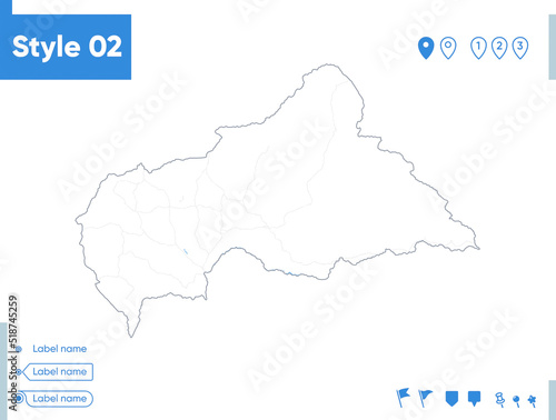 Central African Republic - stroke map isolated on white background with water and roads. Vector map