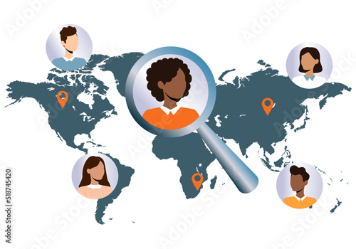 Research people concept of human resources management, professional staff research, head hunter job with magnifying glass. Human resources concept. Vector illustration in flat style