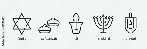 Hanukkah line icons set. Jewish religion holiday. Set includes icons as hanukkah doughnut, menorah, dreidel, candel light, David star, kosher oil. Vector illustration