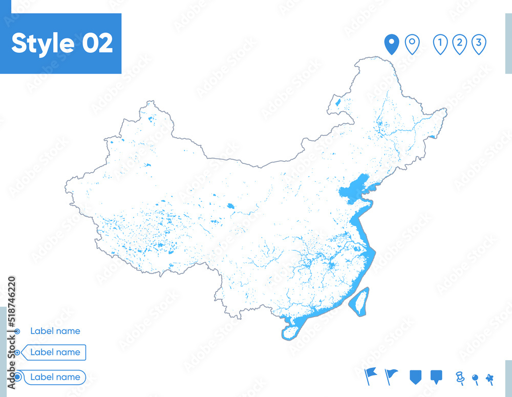 China - stroke map isolated on white background with water and roads. Vector map China - stroke map isolated on white background with water and roads. Vector map