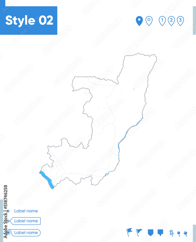 Congo - stroke map isolated on white background with water and roads. Vector map