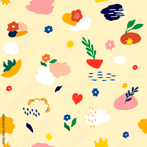 Seamless pattern from colorful modern doodle set of abstract decorative geometric and botanical elements. Print for textiles, fabrics, children's clothing, wrapping paper, wallpaper
