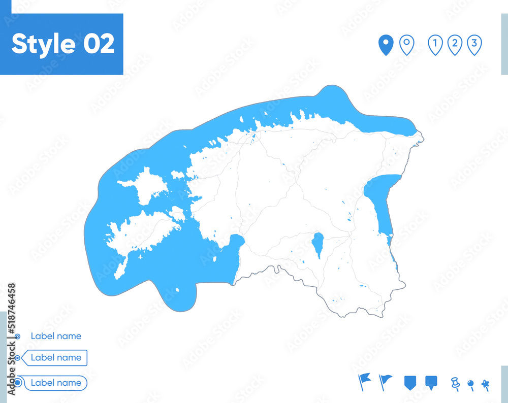 Estonia - stroke map isolated on white background with water and roads. Vector map