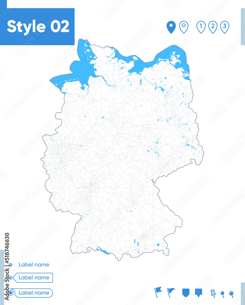 Germany - stroke map isolated on white background with water and roads. Vector map