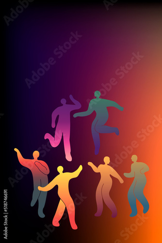 Modern banner with a set of abstract dancing people. Gradient of various bright colors of figure silhouettes. Fashion doodles on dark background for carnival, party, festival. All objects are isolated