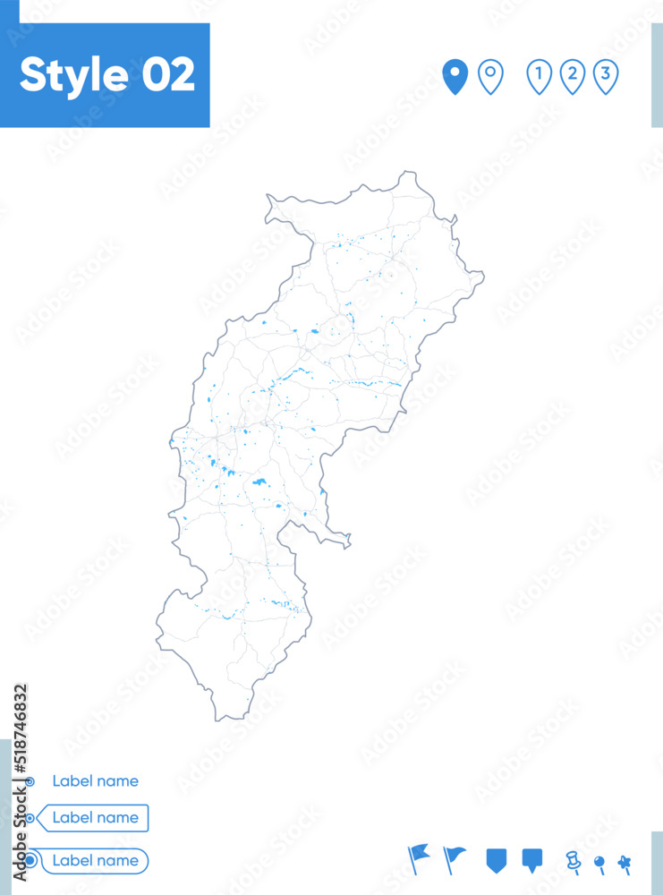 Chhattisgarh, India - stroke map isolated on white background with water and roads. Vector map