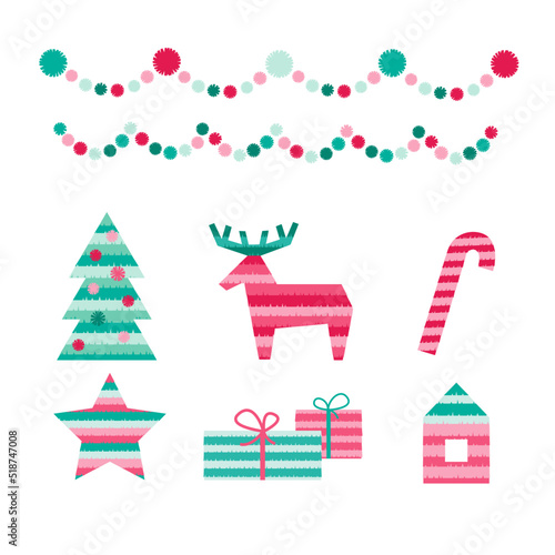 Pinata Christmas party decoration set. Pom pom garlands. Paper toys for fun and game. Deer, pine tree, candy cane, star, gifts, house. Flat Vector illustration