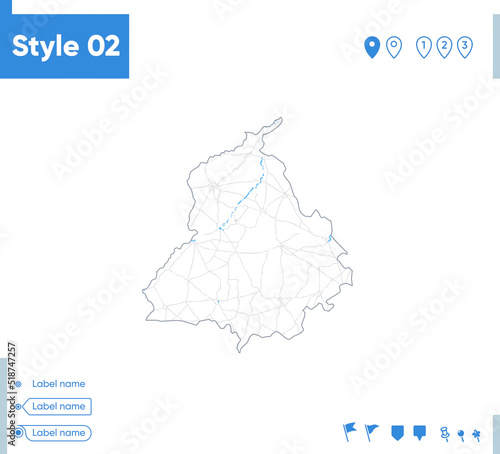 Punjab, India - stroke map isolated on white background with water and roads. Vector map