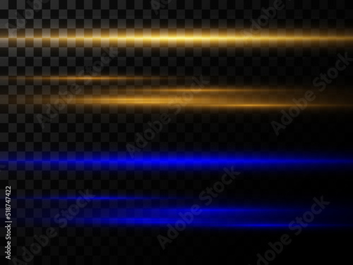 Set of bright gold and blue horizontal bursts of rays, neon lines on a transparent background