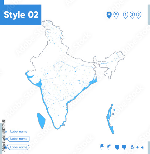 India - stroke map isolated on white background with water and roads. Vector map