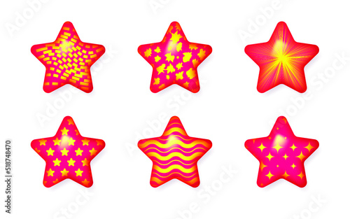 Red decorated realistic stars set. 3d objects