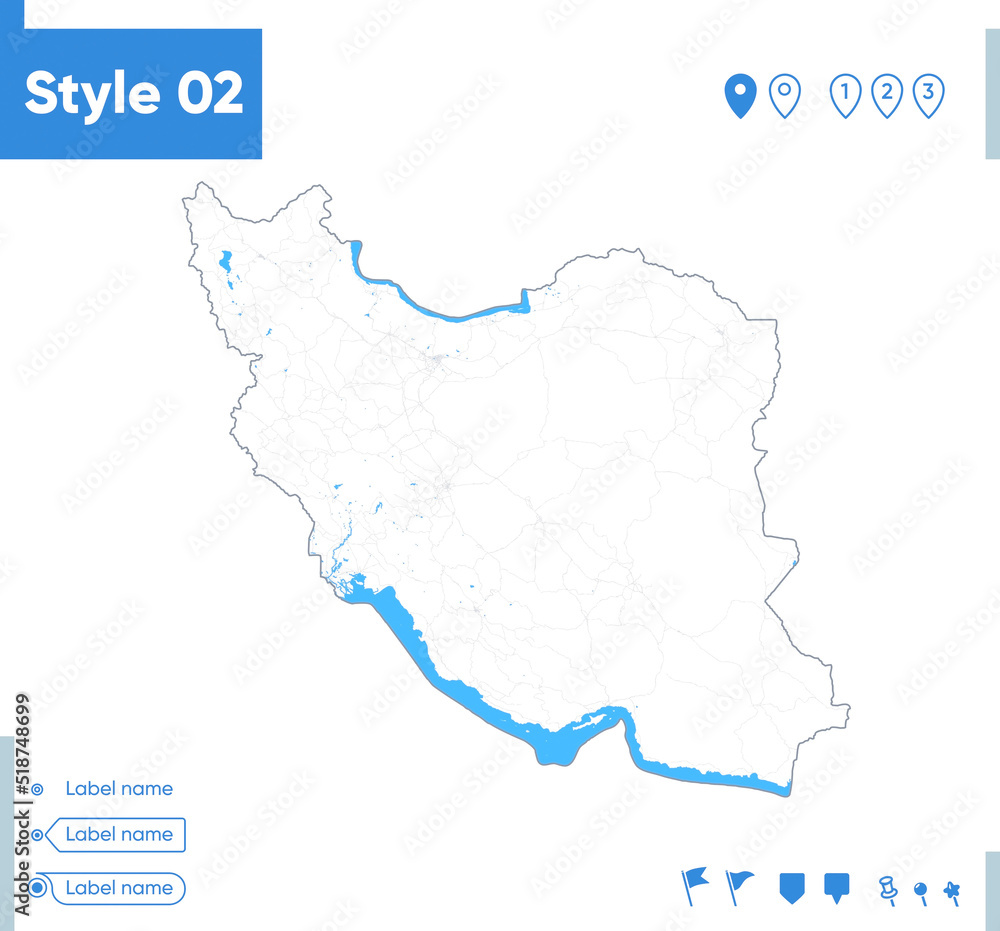 Obraz premium Iran - stroke map isolated on white background with water and roads. Vector map