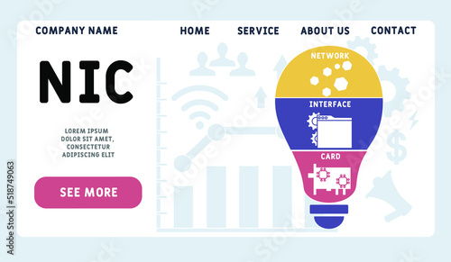 NIC - Network Interface Card  acronym, business concept. word lettering typography design illustration with line icons and ornaments.  Internet web site promotion concept vector layout.