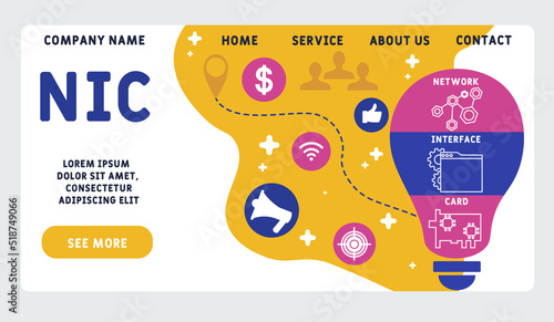 NIC - Network Interface Card  acronym, business concept. word lettering typography design illustration with line icons and ornaments.  Internet web site promotion concept vector layout.