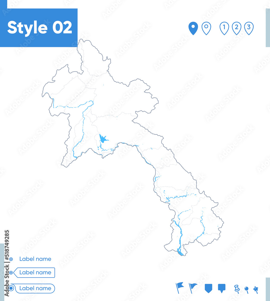 Laos - stroke map isolated on white background with water and roads. Vector map