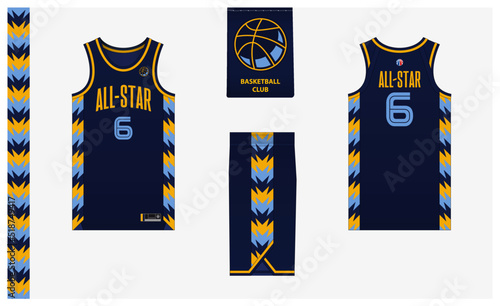 Basketball uniform mockup template design for basketball club. Basketball jersey, basketball shorts in front and back view. Basketball logo design.