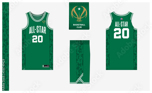 Basketball uniform mockup template design for basketball club. Basketball jersey, basketball shorts in front and back view. Basketball logo design.
