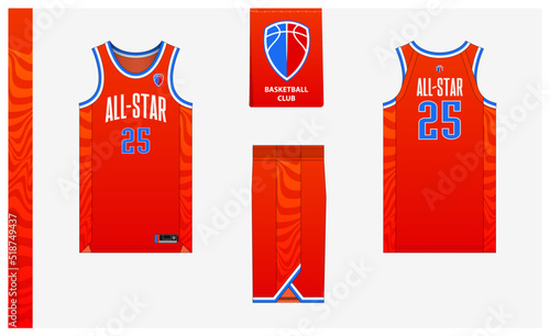 Basketball uniform mockup template design for basketball club. Basketball jersey, basketball shorts in front and back view. Basketball logo design.