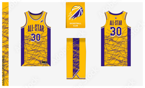 Basketball uniform mockup template design for basketball club. Basketball jersey, basketball shorts in front and back view. Basketball logo design.