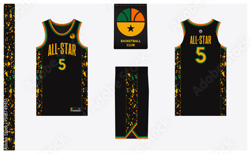 Basketball uniform mockup template design for basketball club. Basketball jersey, basketball shorts in front and back view. Basketball logo design.