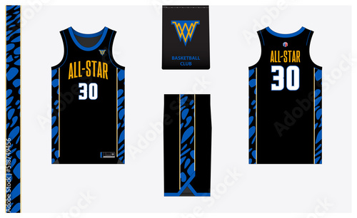 Basketball uniform mockup template design for basketball club. Basketball jersey, basketball shorts in front and back view. Basketball logo design.