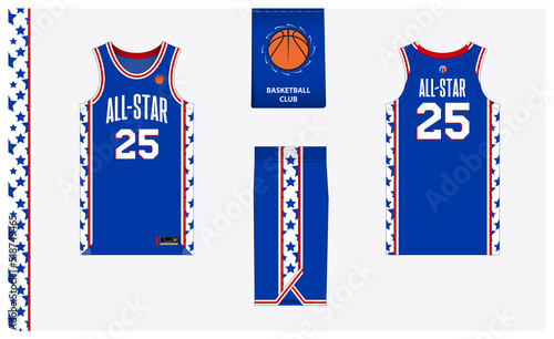 Basketball uniform mockup template design for basketball club. Basketball jersey, basketball shorts in front and back view. Basketball logo design.
