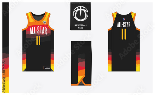 Basketball uniform mockup template design for basketball club. Basketball jersey, basketball shorts in front and back view. Basketball logo design. photo