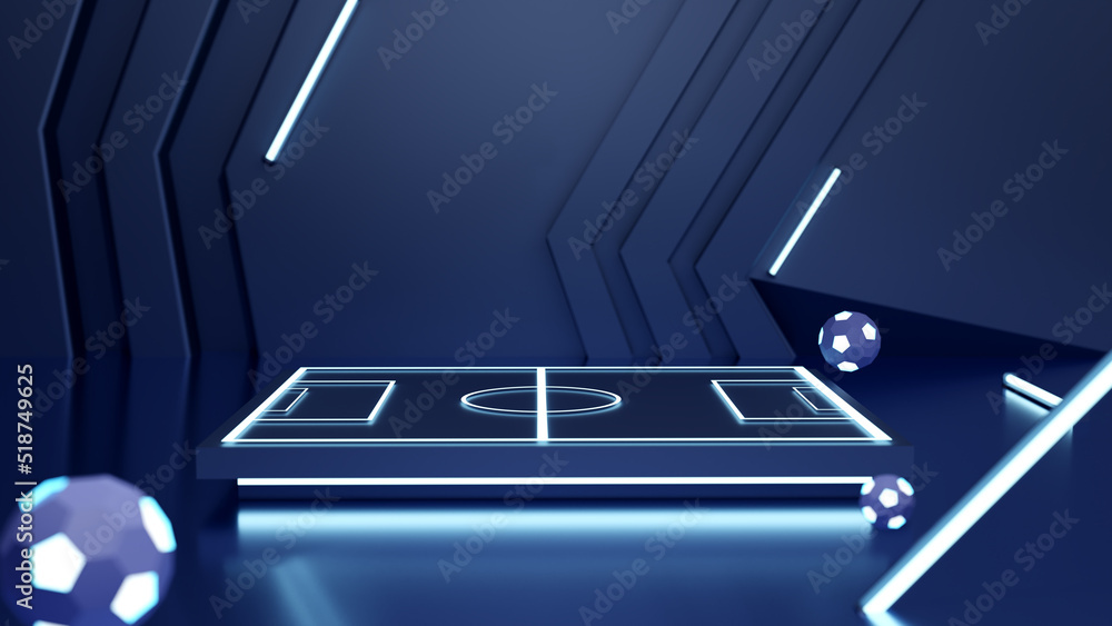 Naklejka premium Futuristic Sci Fi football soccer neon room with led light. 3d rendering