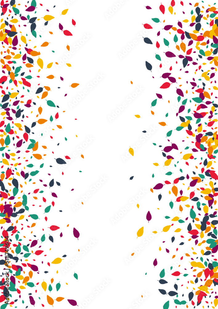 Yellow Confetti Vector White Background. Bright Foliage September Template. Floral Leaf Pattern. Colorful Foliage Texture.