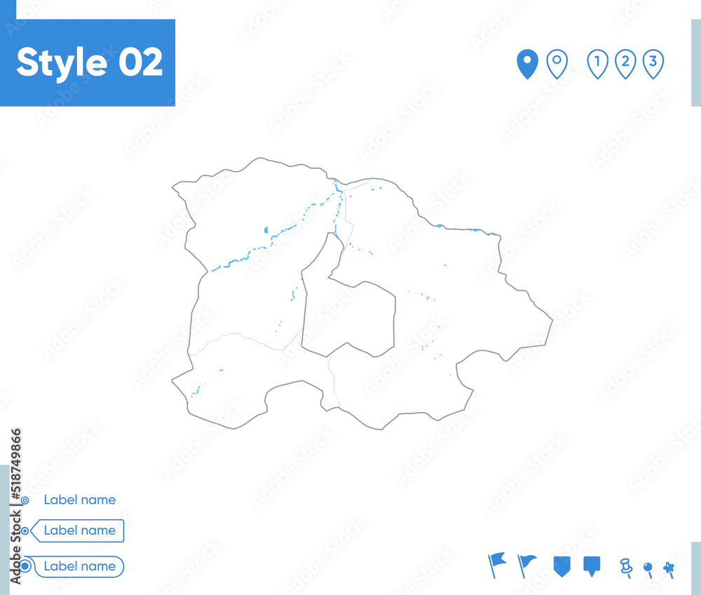 Selenge, Mongolia - stroke map isolated on white background with water and roads. Vector map