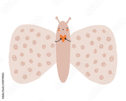 Cute Abstract Nursery Vector Illustration with Funny Hand Drawn Butterfly Isolated on a White Background. Simple Print with Light Beige Kawaii Style Butterfly ideal for Card, Wall Art, Poster.