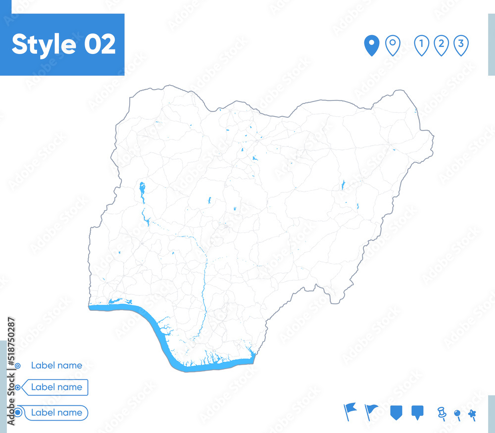 Nigeria - stroke map isolated on white background with water and roads. Vector map