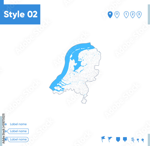 Netherlands - stroke map isolated on white background with water and roads. Vector map