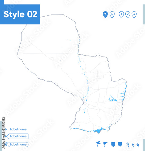 Paraguay - stroke map isolated on white background with water and roads. Vector map