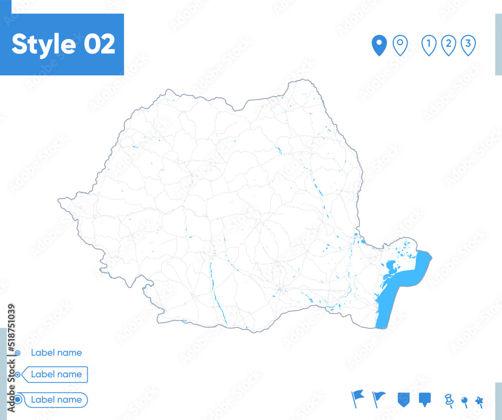 Romania - stroke map isolated on white background with water and roads. Vector map