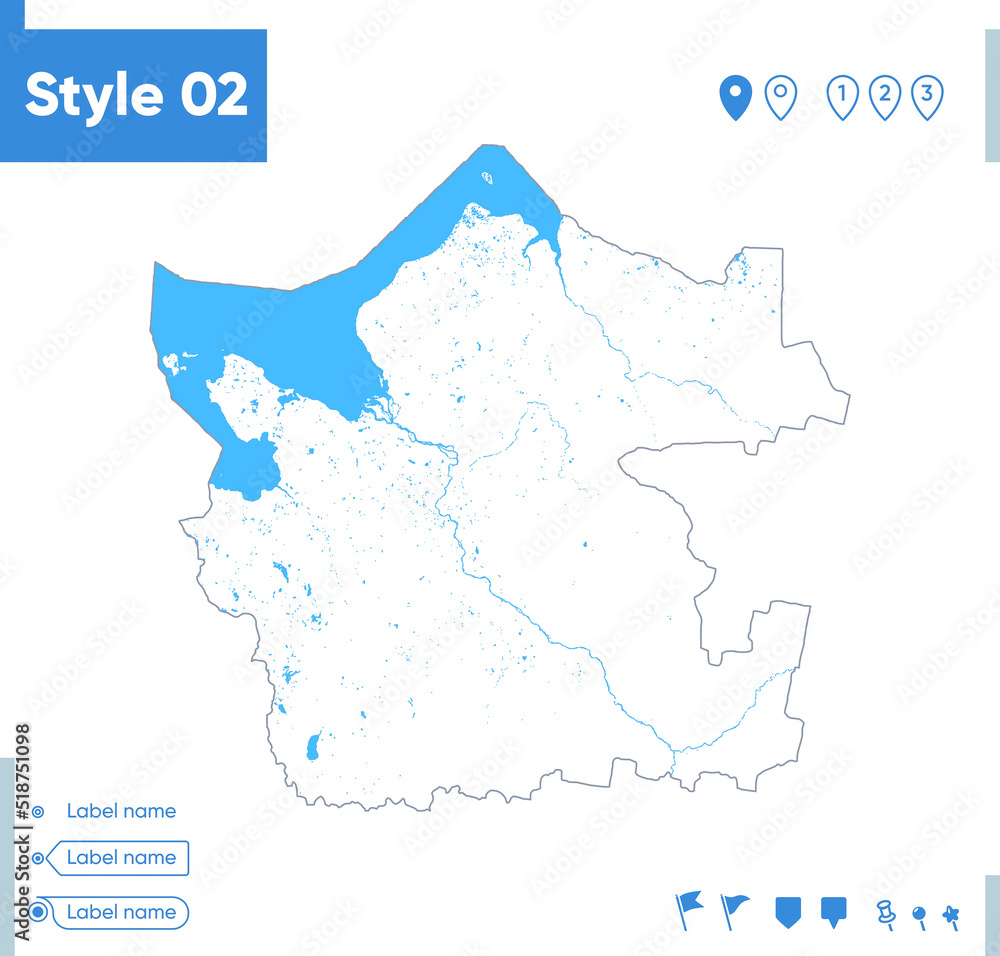 Arkhangelsk Region Part 01, Russia - stroke map isolated on white background with water and roads. Vector map Arkhangelsk Region Part 01, Russia - stroke map isolated on white background with water and roads. Vector map