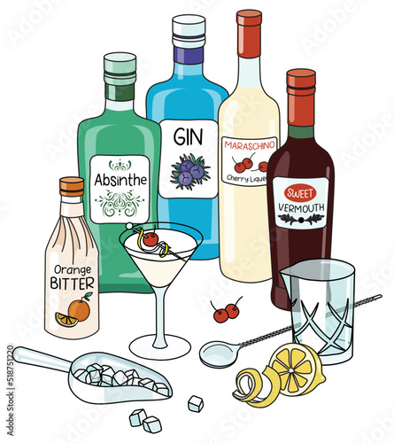 Doodle cartoon tuxedo cocktail and ingredients composition. A bottle of gin and red vermouth, absinthe and lemon. For bar menu, stickers or alcohol cook book recipe.