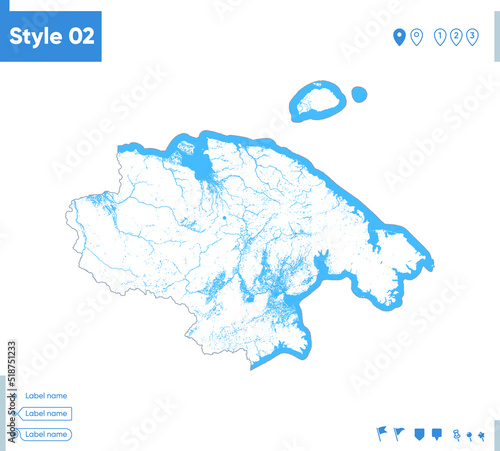 Chukotka Autonomous Area, Russia - stroke map isolated on white background with water and roads. Vector map