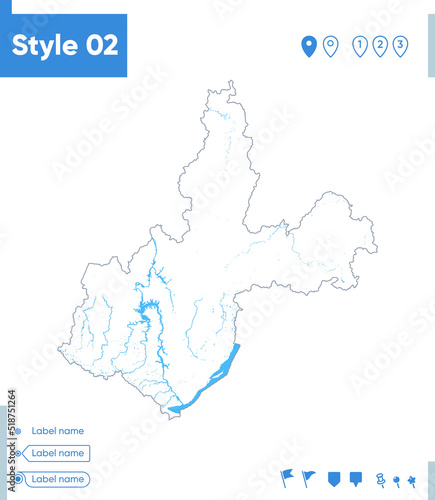 Irkutsk Region  Russia - stroke map isolated on white background with water and roads. Vector map