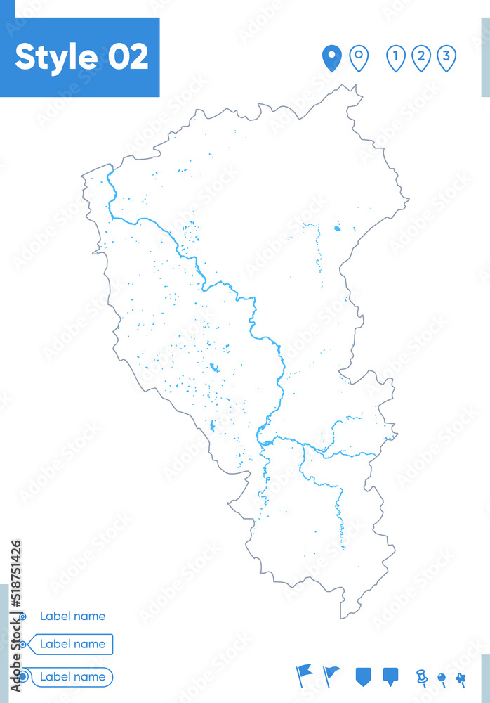 Kemerovo Region, Russia - stroke map isolated on white background with water and roads. Vector map