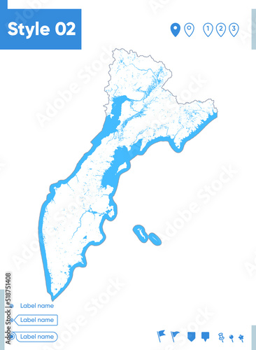Kamchatka Territory, Russia - stroke map isolated on white background with water and roads. Vector map