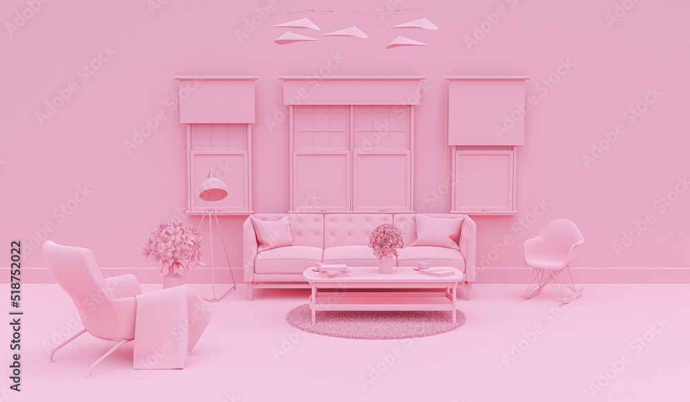 Interior of the living room in plain monochrome pink color with accessories. 3D rendering for web page, presentation or picture frame backgrounds. - obrazy, fototapety, plakaty 
