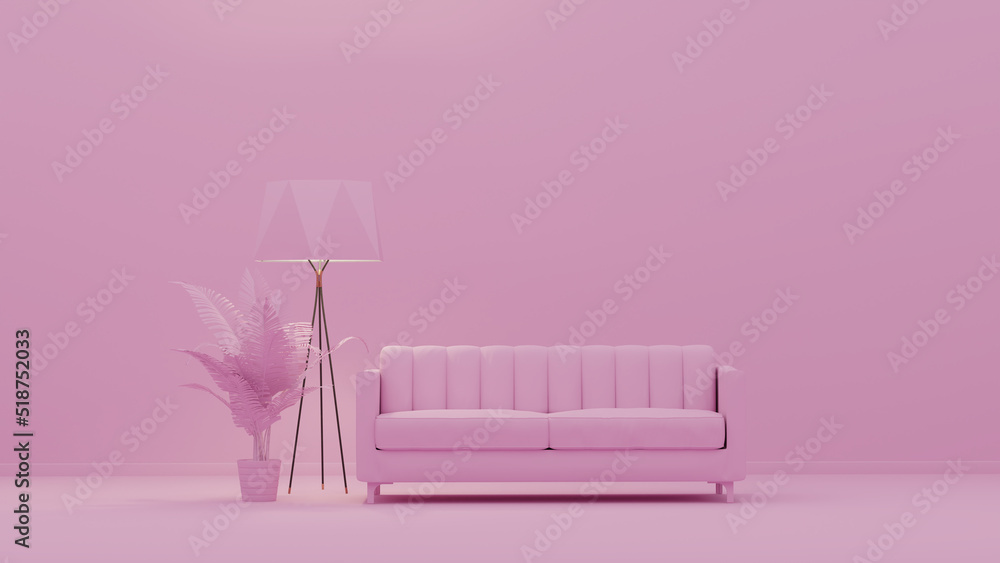 Interior room in plain monochrome light pink color with sofa, floor lamp and decorative vase and plant. Light background with copy space. 3D rendering for web page, presentation background - obrazy, fototapety, plakaty 