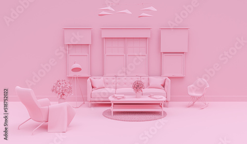 Interior of the living room in plain monochrome pink color with accessories. 3D rendering for web page, presentation or picture frame backgrounds. photo
