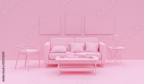 Interior room in plain monochrome pink color with furnitures and room accessories. Light background with copy space. 3D rendering for web page  presentation or picture frame backgrounds.