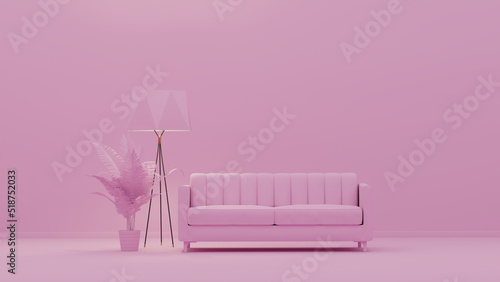 Interior room in plain monochrome light pink color with sofa, floor lamp and decorative vase and plant. Light background with copy space. 3D rendering for web page, presentation background