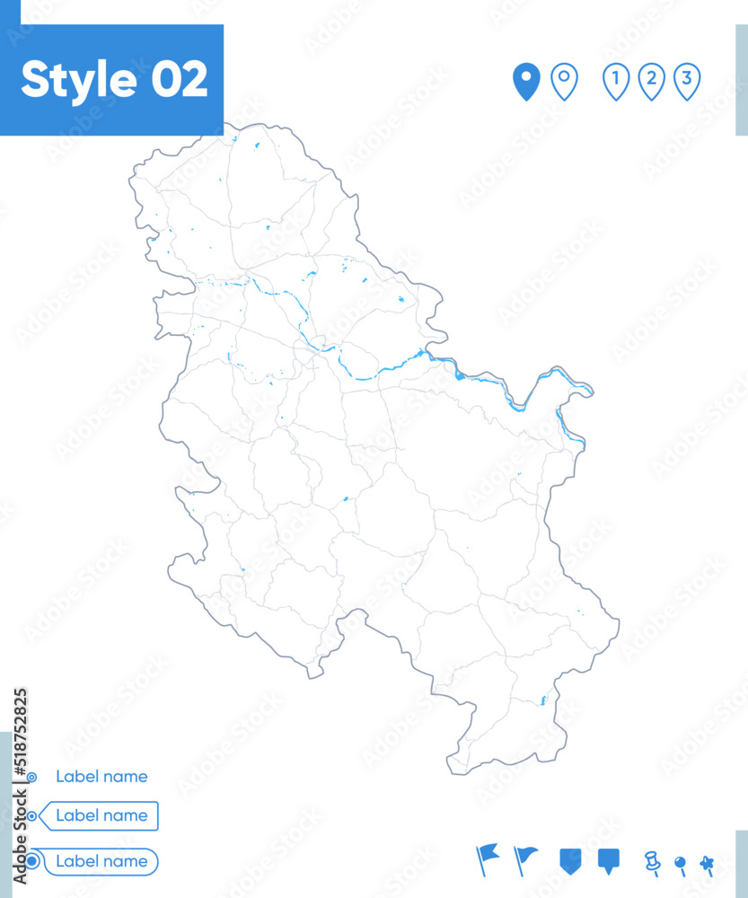Serbia - stroke map isolated on white background with water and roads. Vector map Serbia - stroke map isolated on white background with water and roads. Vector map