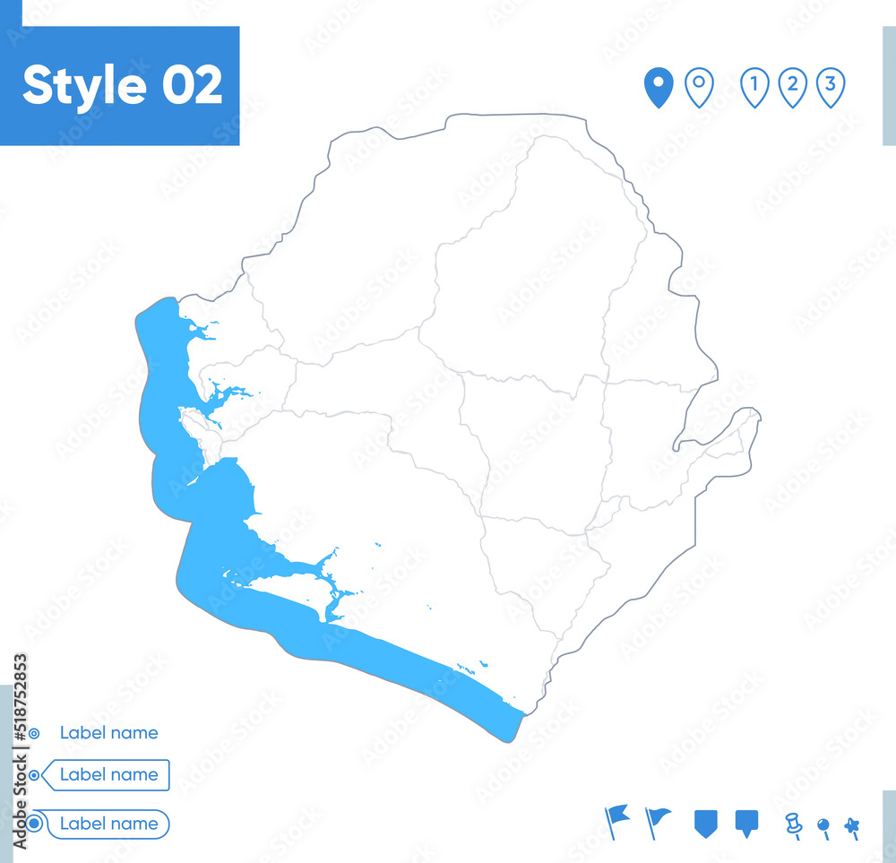 Sierra Leone - stroke map isolated on white background with water and roads. Vector map